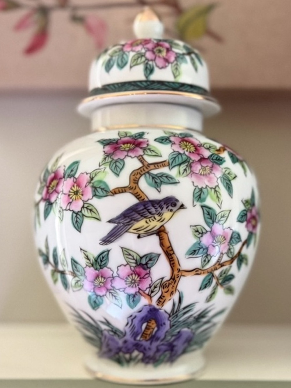Vintage floral chinoiserie temple jar